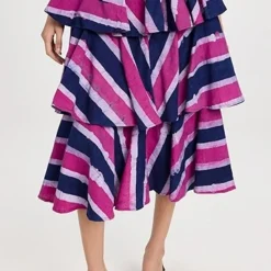 Studio 189 Blue & Pink Stripe Tiered Ruffle Midi Skirt