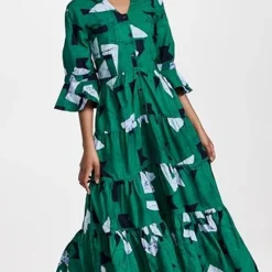 Studio 189 Green Geo Cotton Ruffle Tiered Long Dress
